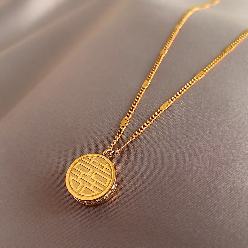 Fashionable Chinese Character Fu Pendant Necklace for Women Titanium Steel Snake Chain with Rhinestone Inlay Minimalist Lock Collar Design
