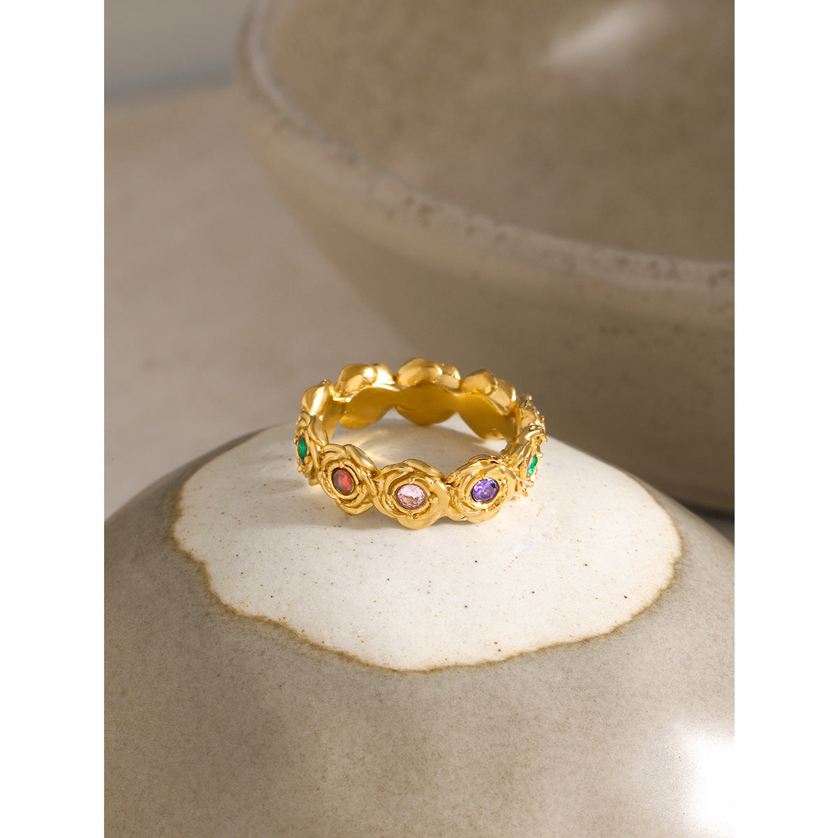 Vintage Elegant 18K Gold Plated Stainless Steel Round Rose Cubic Zirconia Ring for Women