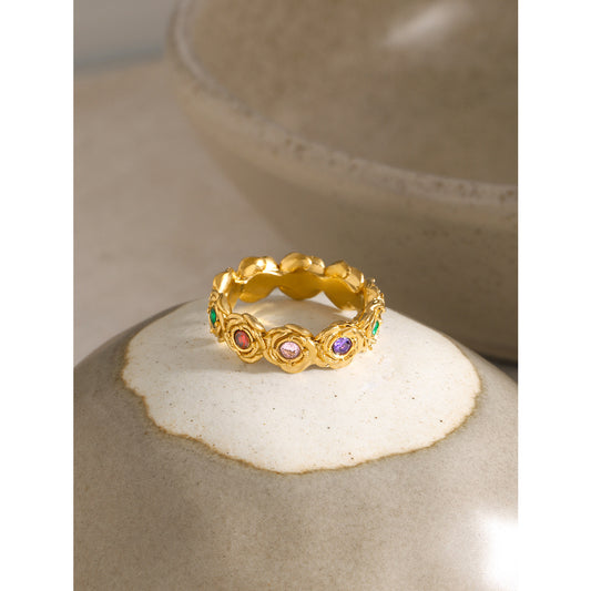 Vintage Elegant 18K Gold Plated Stainless Steel Round Rose Cubic Zirconia Ring for Women