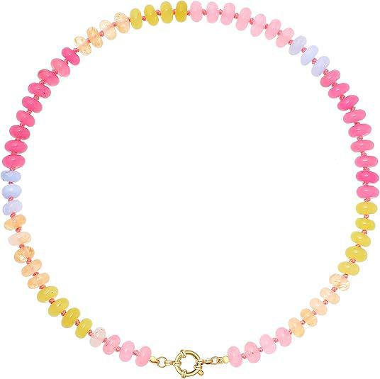 Sweet 8mm Natural Stone Bead Necklace Stainless Steel Geometric Round Ball Chain for Women