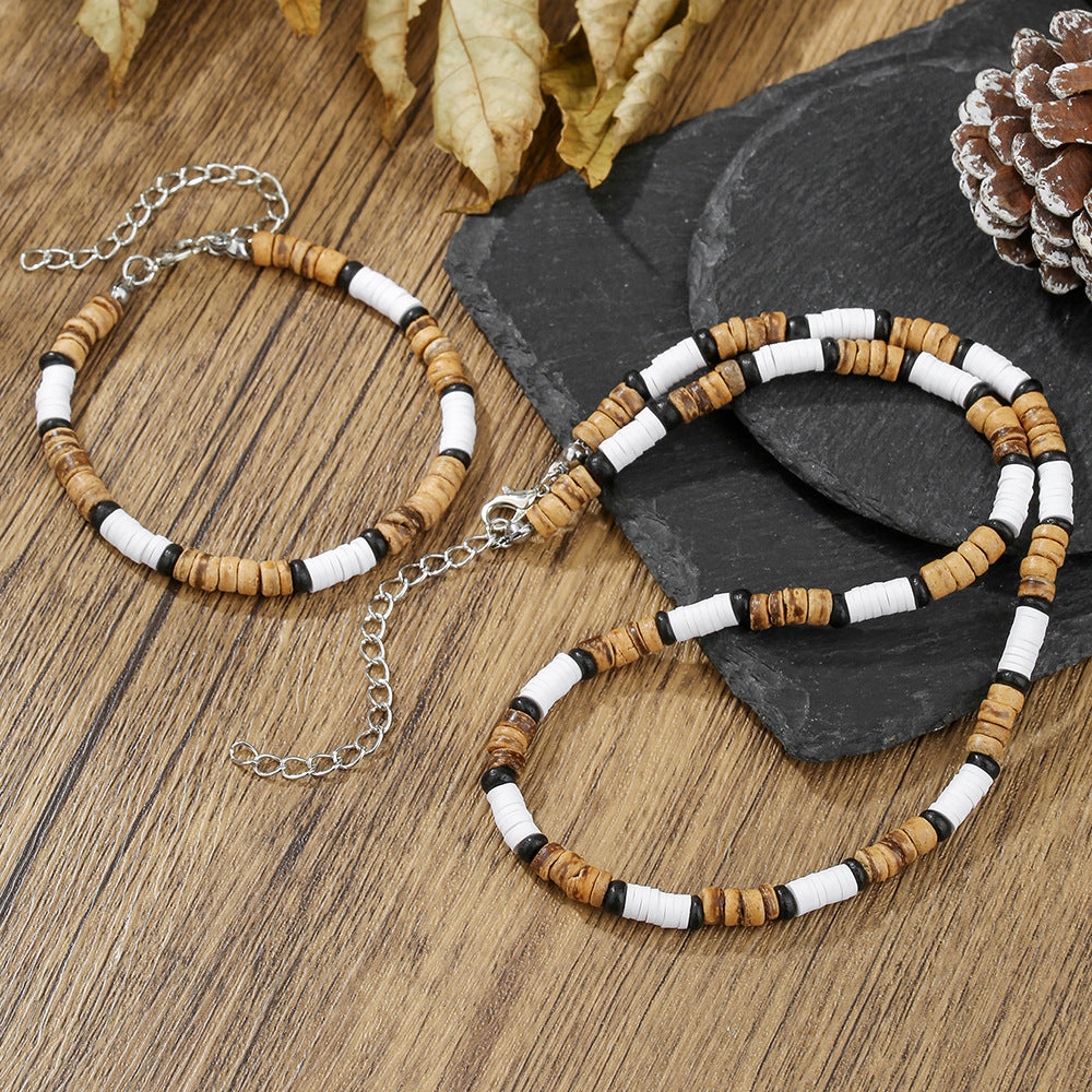 Hip-hop Geometric Round Wood Resin Bracelet Necklace Set with Cable Chain for Unisex