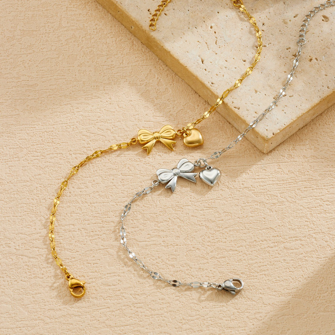 Gold Plated Stainless Steel Heart and Bow Bracelet for Women