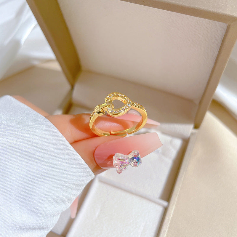 Kawaii Style Heart-Shaped Gold-Plated Brass Adjustable Ring for Women with Crown Detail