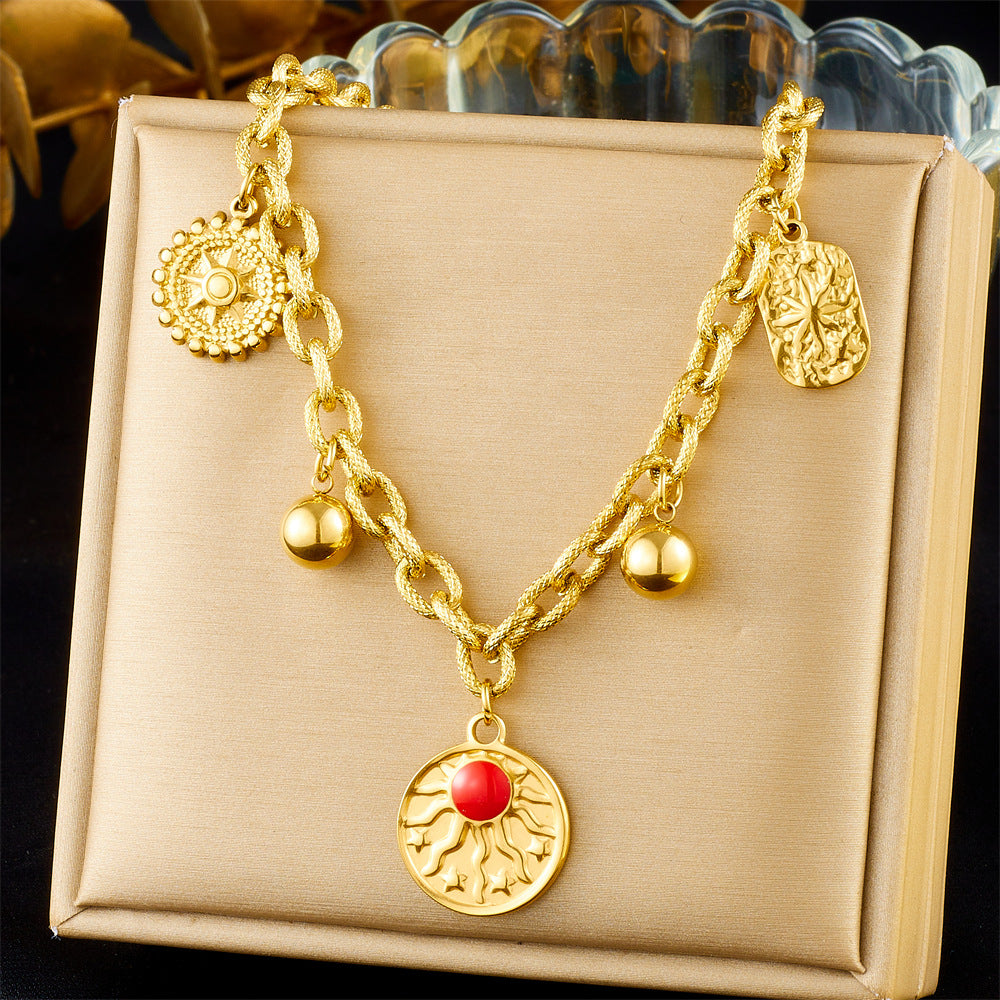 Set collana e bracciale da donna in acciaio inossidabile con finitura placcata, con pendente irregolare a forma di sole, d'ispirazione vintage