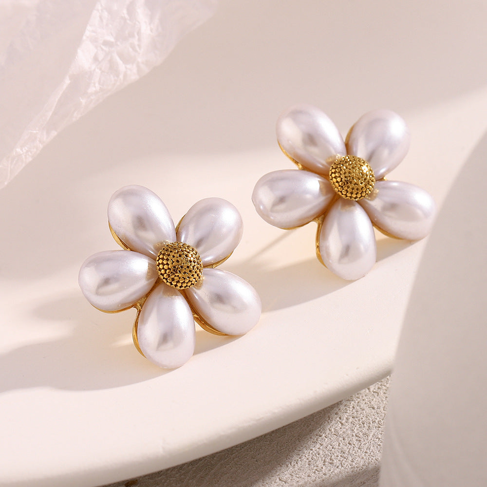 Elegant Floral Stainless Steel Earrings with 18K Gold Plating and Simulated Pearl Accents for Women