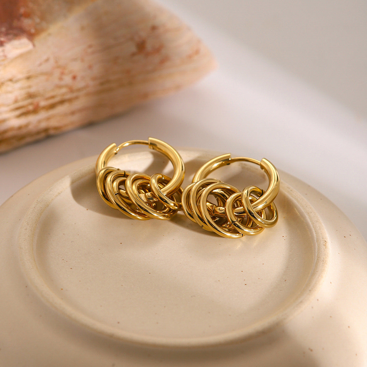 Two-Tone Polished Stainless Steel Round Hoop Earrings with Five Gold Plated Rings
