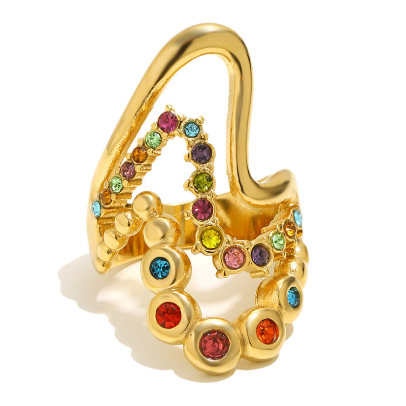 Anello in acciaio inossidabile placcato oro con strass floreali a goccia, geometrico, lussuoso ed elegante
