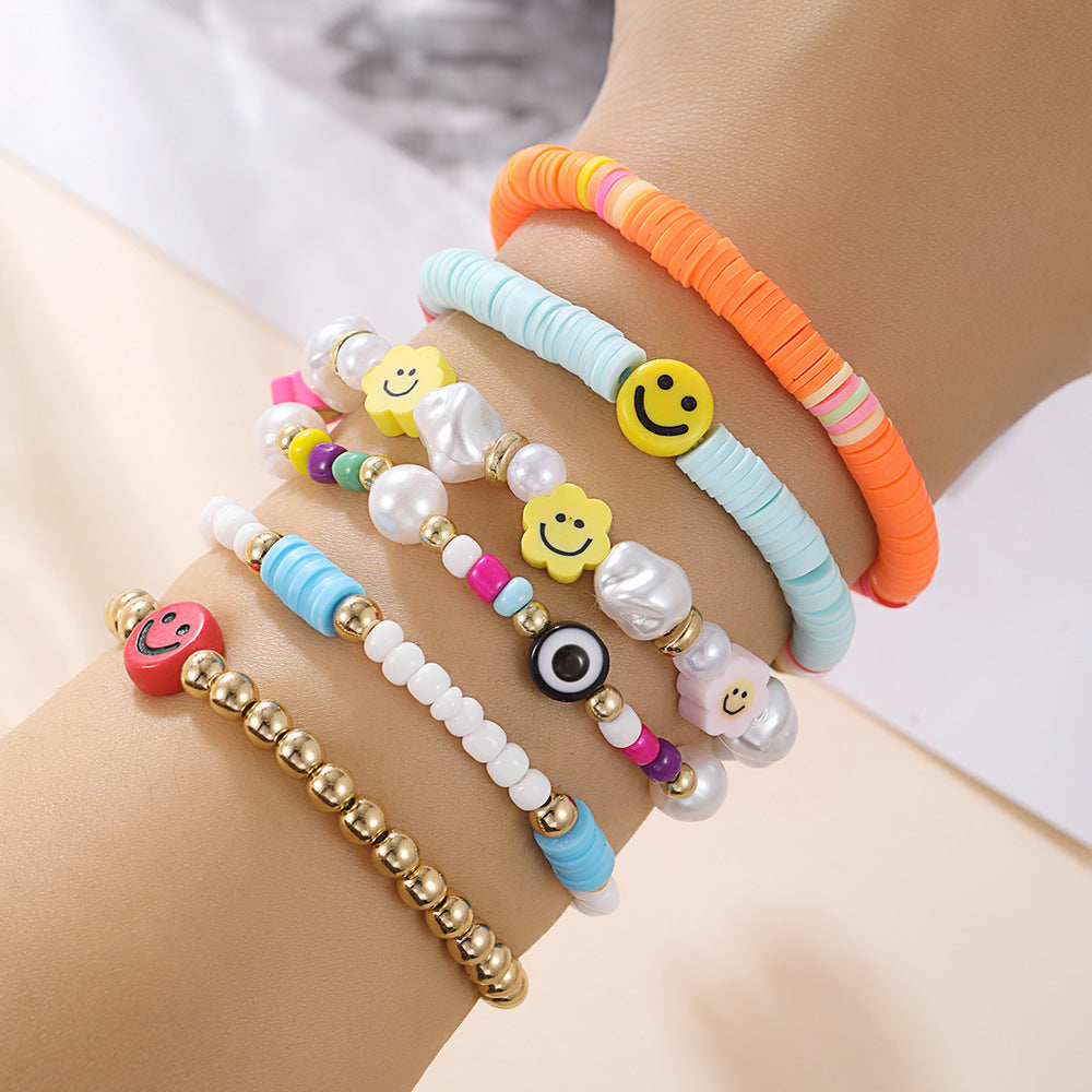 Sweet Color Block Resin Smiley Face Bracelet Set Geometric Round Design