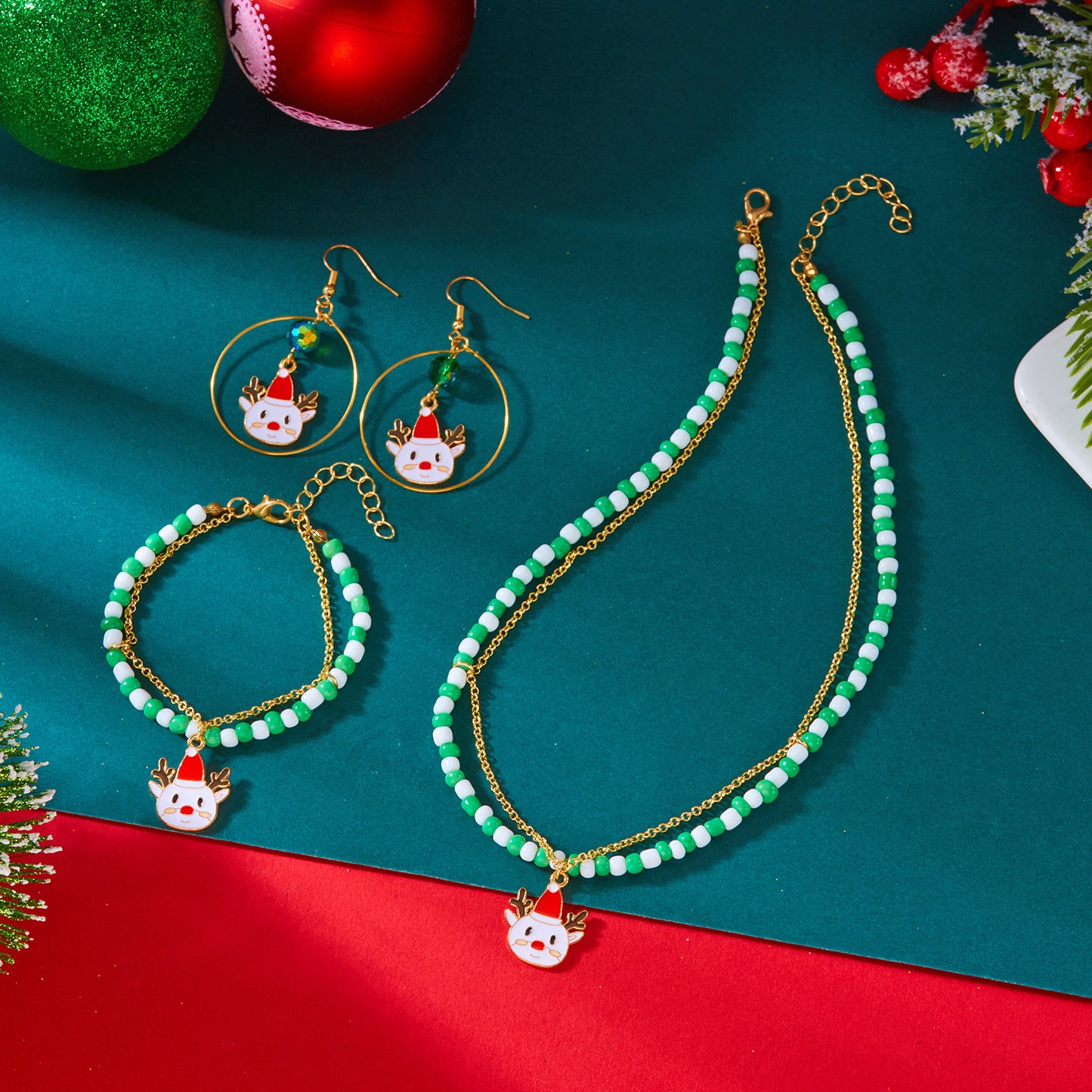 Fashion-Forward Christmas Necklace Set with Snowflake and Deer Pendant, Alloy Chain, Earrings and Bracelet, Women's Holiday Jewelry