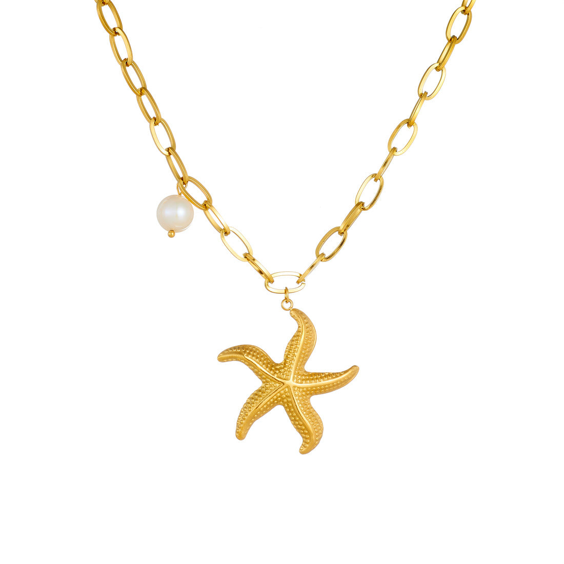 Minimalist Luxury Gold Plated Star Stainless Steel Necklace with Pearl Pendant Curb Chain for Women