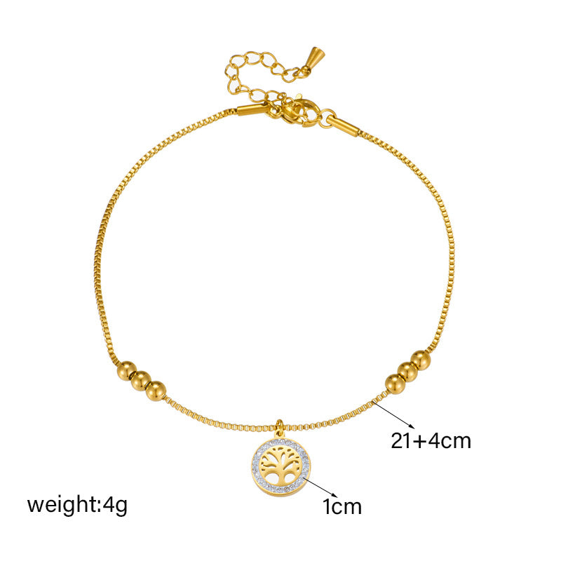 Minimalist Luxury Golden Titanium Steel Tree of Life Anklet with Gold Beads