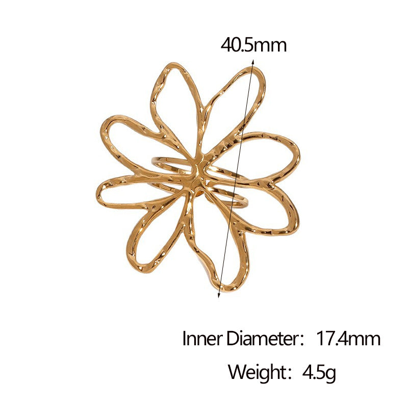 Minimalist Hollow Flower Design 18K Gold Plated Stainless Steel Open Ring for Women