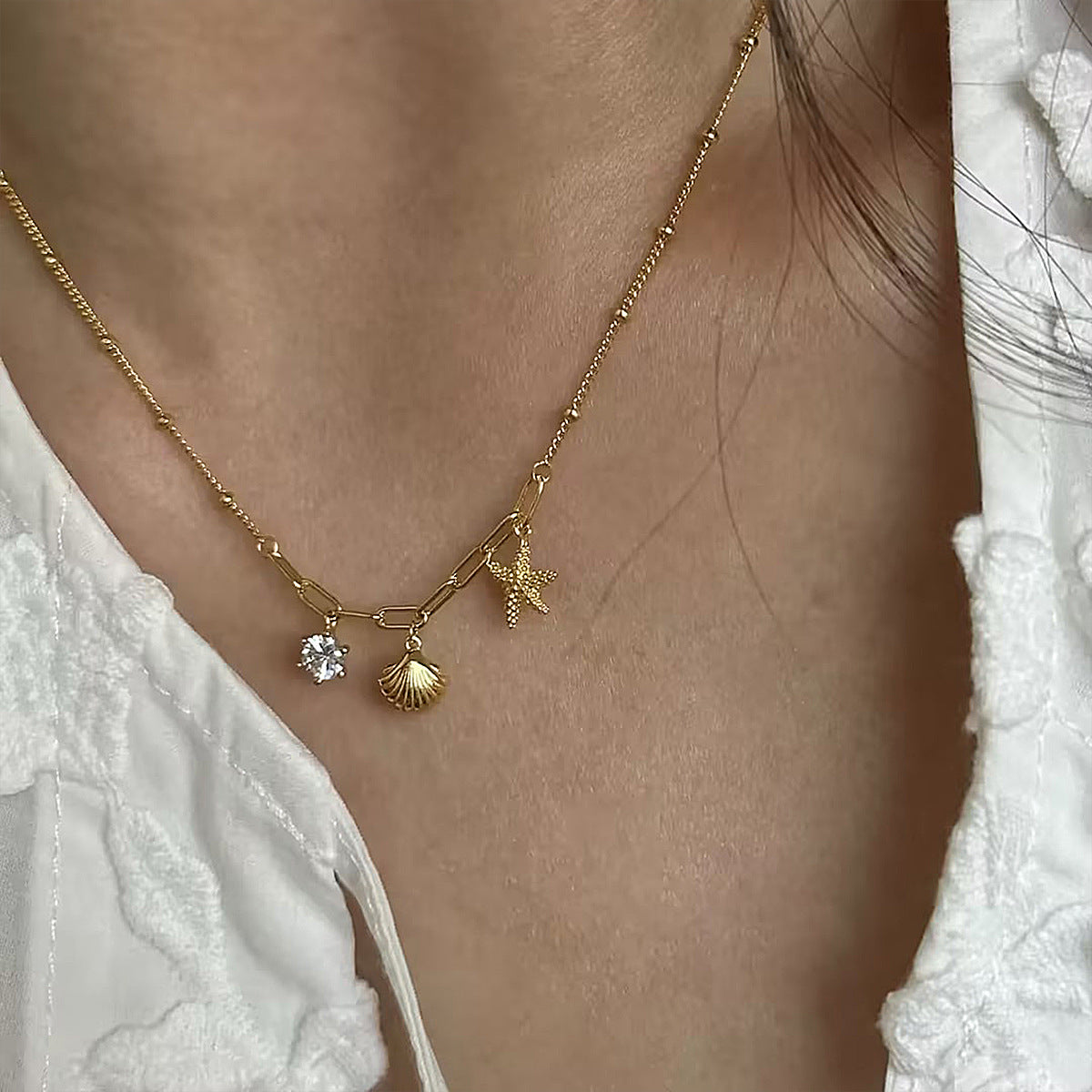 Minimalist Starfish and Seashell Pendant Necklace in Stainless Steel with Rhinestone Inlay, Titanium Steel Locket Chain, Ocean-Inspired Geometric Design for Women