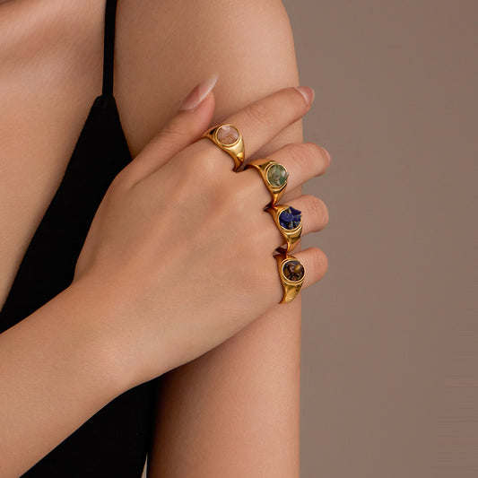 Anello Rotondo Minimalista alla Moda in Acciaio Inossidabile con Intarsio in Pietra Naturale da Donna, Ipoallergenico e Resistente allo Sbiadimento