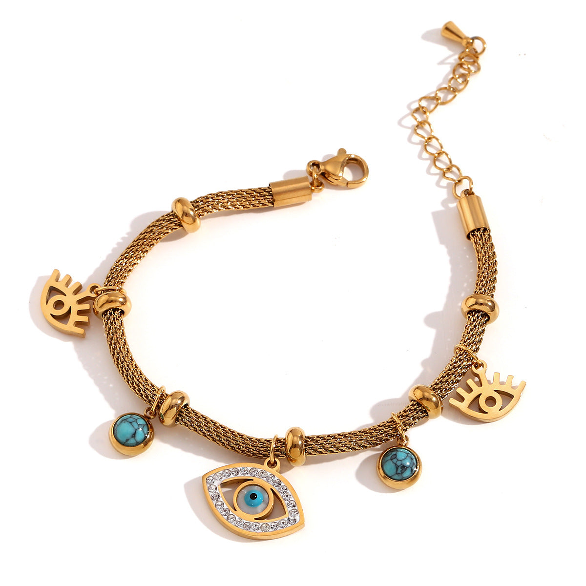 Bracciale a maglie in acciaio inossidabile placcato oro 18 carati con ciondolo a forma di occhio geometrico alla moda e collana con accento turchese da donna