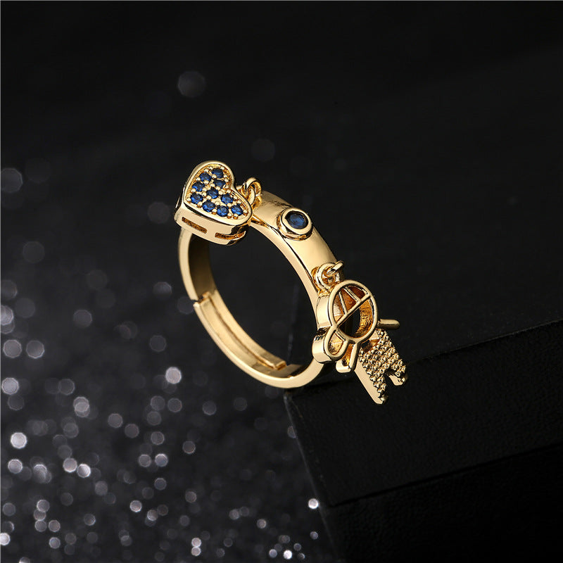 Sweet Cartoon Heart Geometric Micro-Inlaid Cubic Zirconia 18K Gold Plated Brass Ring for Women