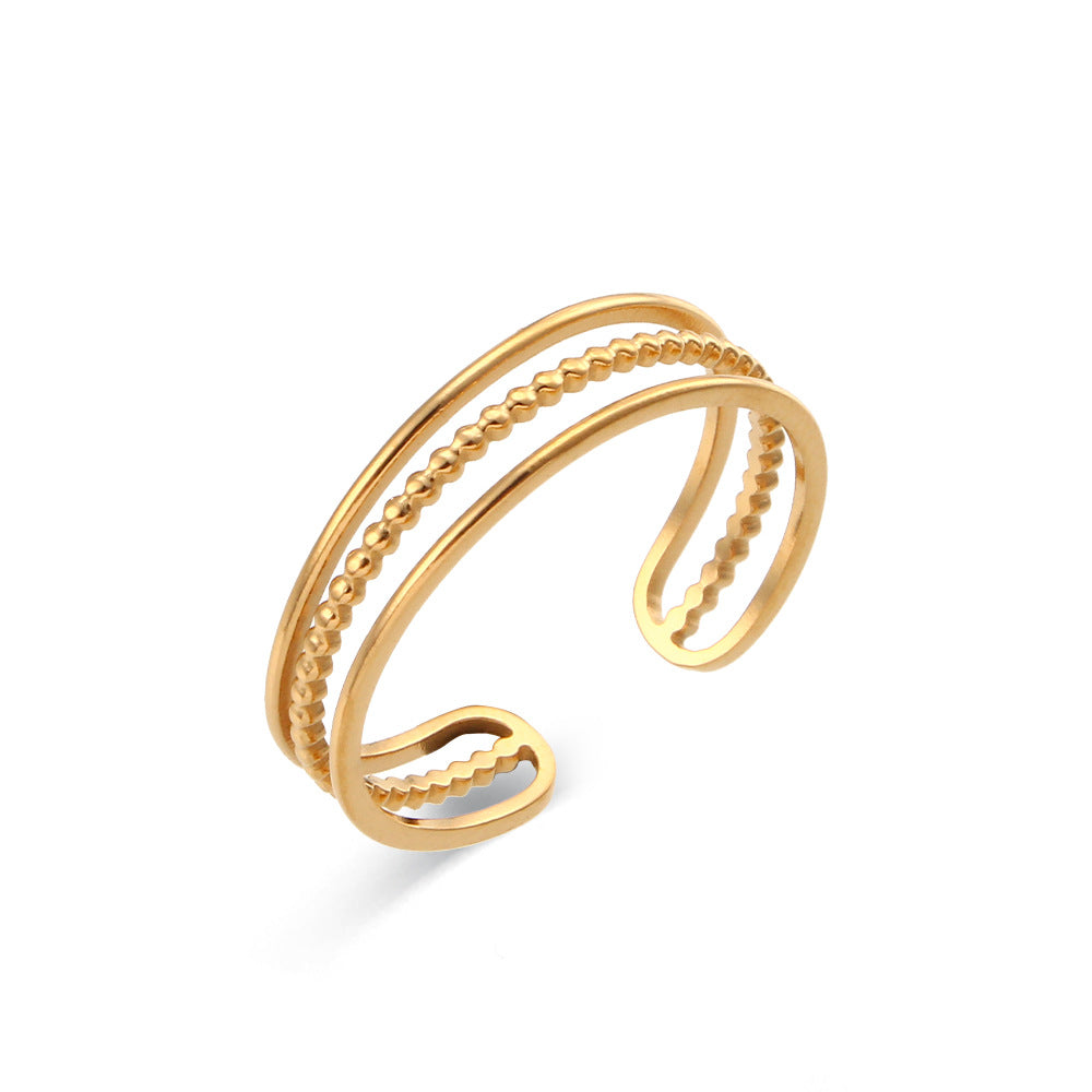 Anillo abierto trenzado de acero inoxidable calado geométrico a la moda para mujer con acabado chapado