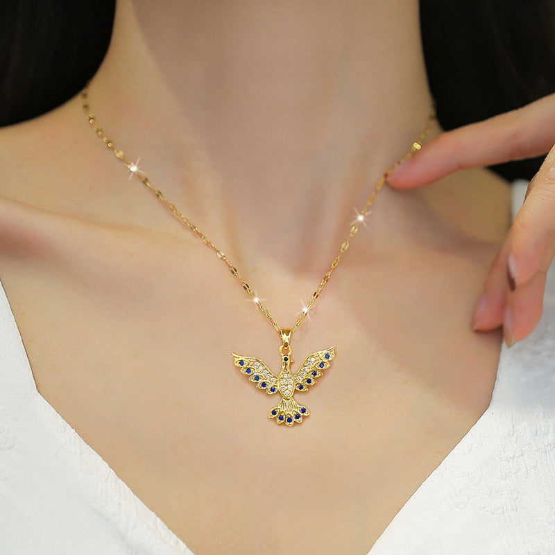 Collana con Ciondolo Fenice Geometrica Minimalista in Acciaio al Titanio con Intarsio di Strass per Donna e Uomo