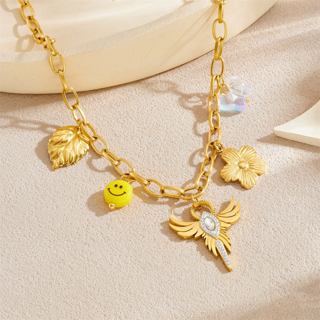 Luxury Elegant Gold Plated Stainless Steel Wings Cross Floral Leaf Smiley Face Rhinestone Necklace for Women