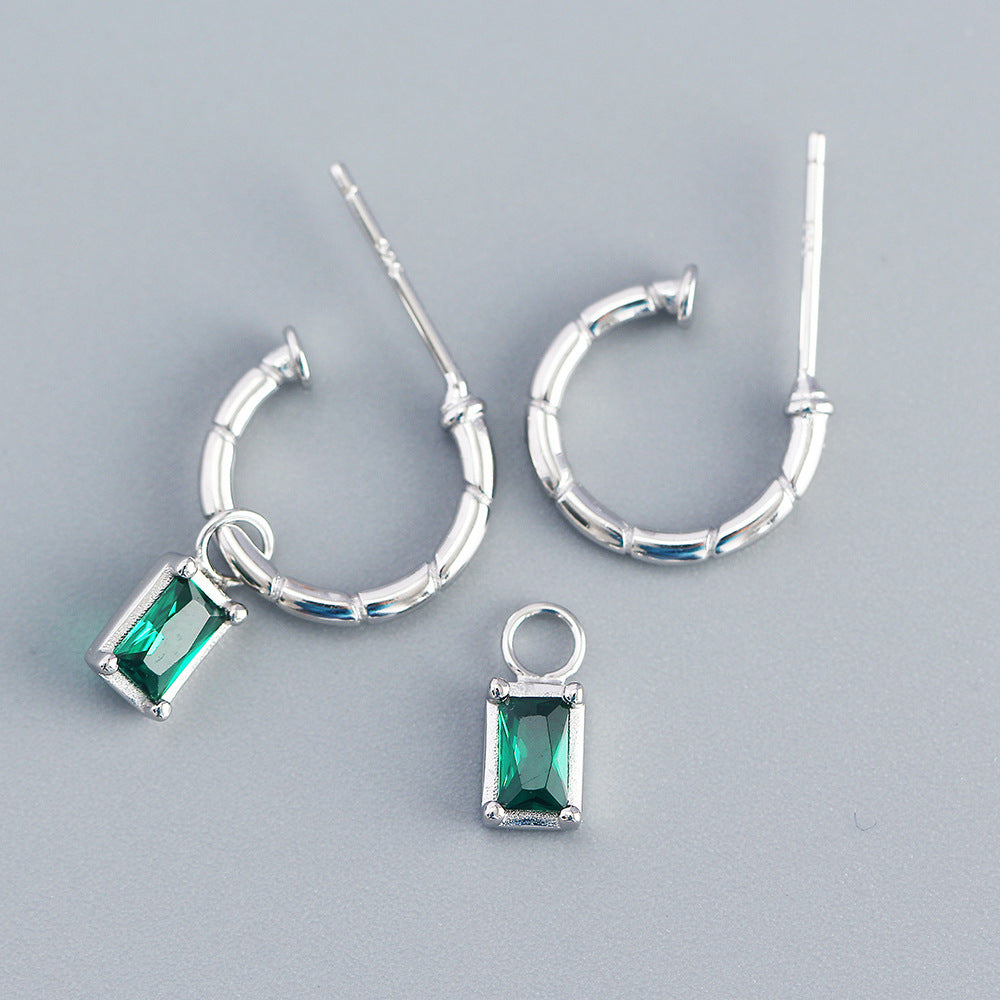 Elegant 925 Sterling Silver Geometric C-Shaped Earrings with Emerald Cubic Zirconia Inlay for Women