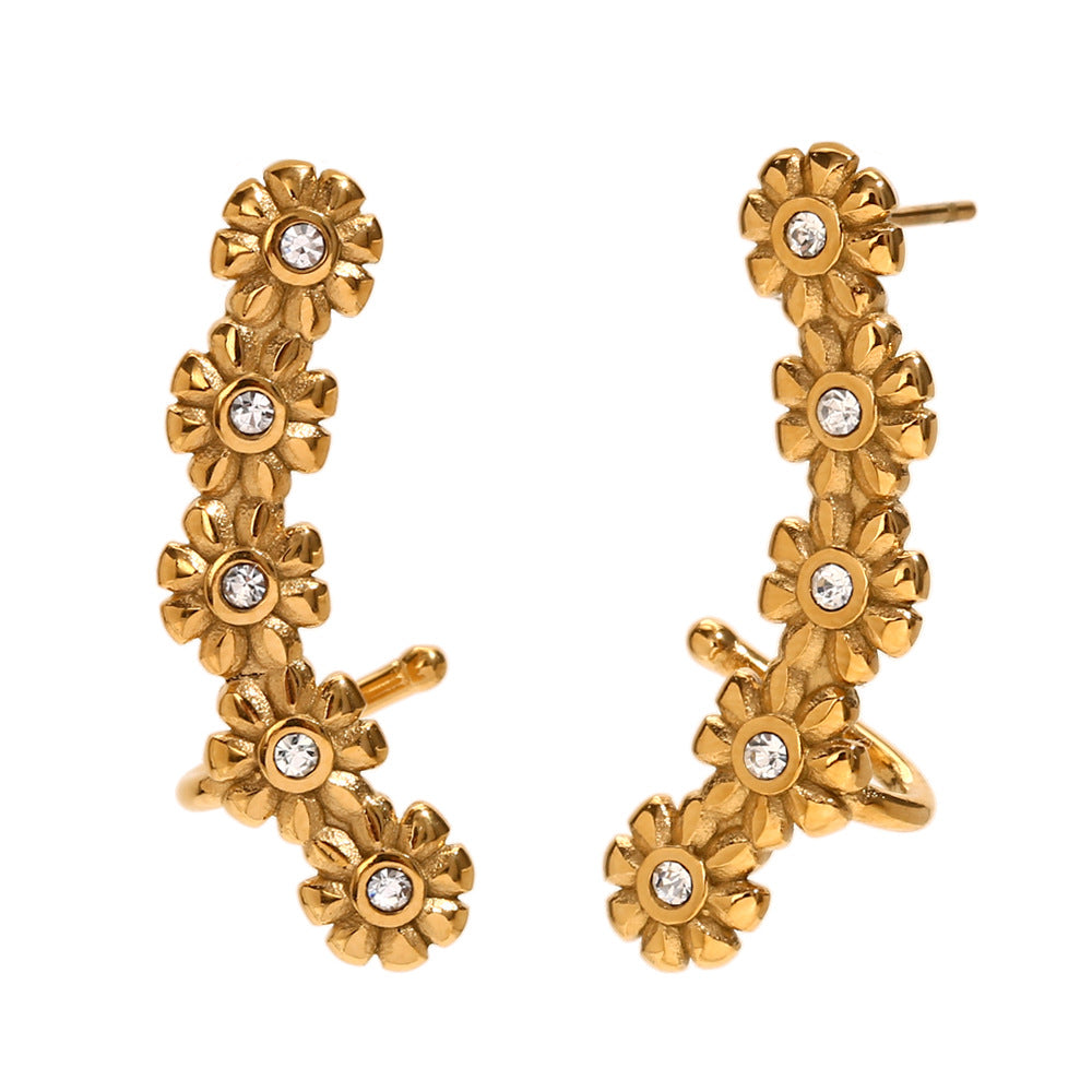 Vintage Floral Stainless Steel Ear Cuffs with 18K Gold Plating and Cubic Zirconia for Women
