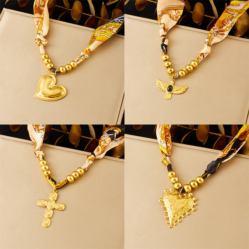 Vintage Gold Plated Stainless Steel Heart Cross Floral Pendant Necklace for Women