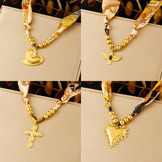 Vintage Gold Plated Stainless Steel Heart Cross Floral Pendant Necklace for Women