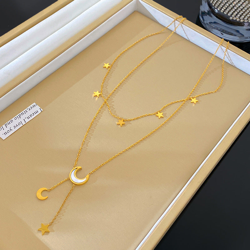 Elegant Minimalist Star Moon Titanium Steel Plated Layered Tassel Necklace for Women