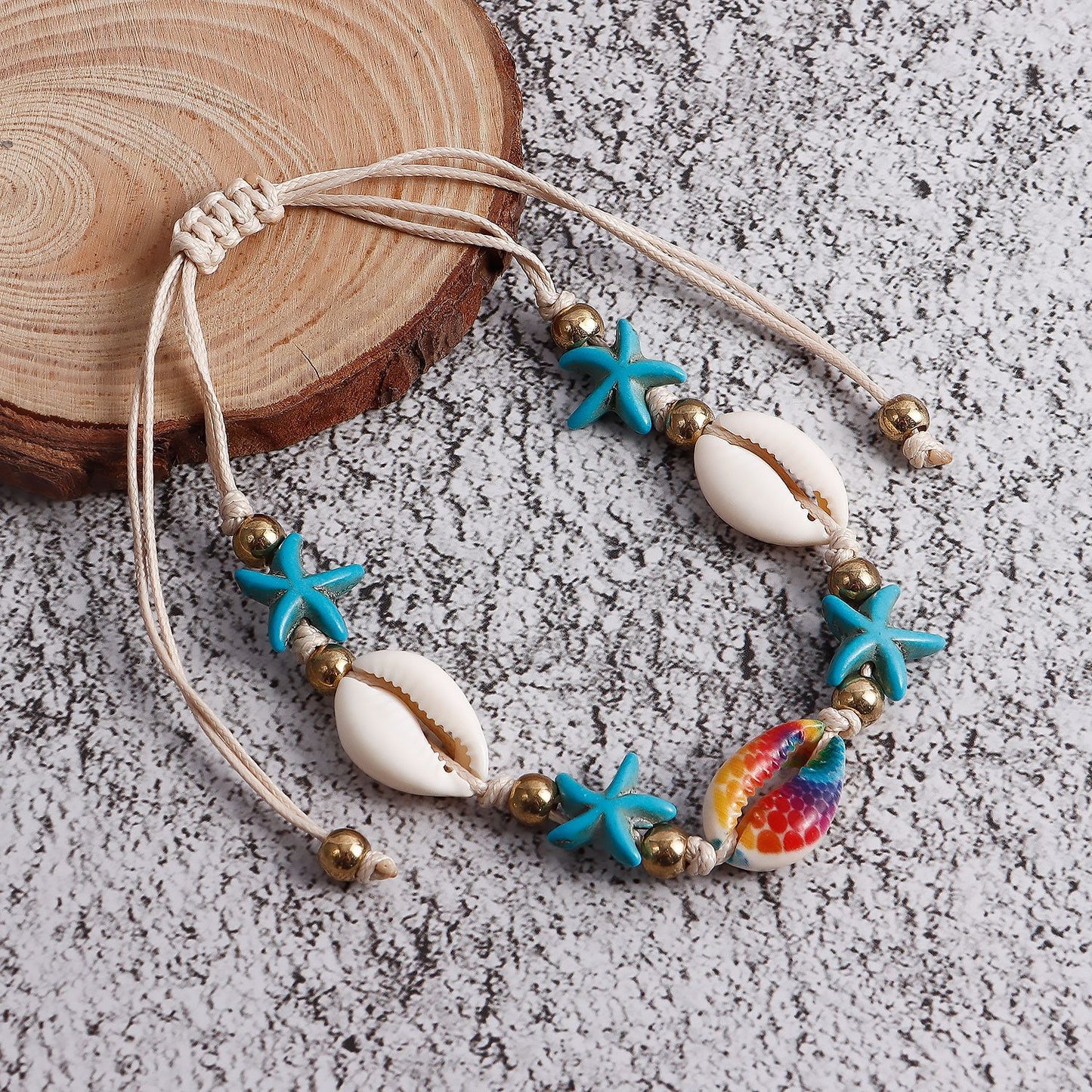 Handwoven Summer Beach Style Adjustable Anklet for Women with Star and Shell Motifs in Alloy