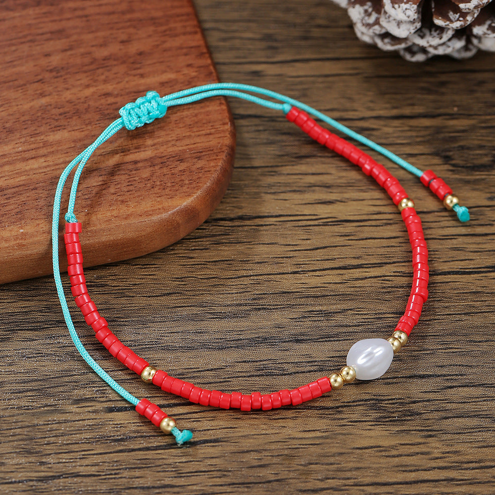 Bohemian Style Adjustable Braided Pearl Beaded Bracelet for Women with Rice Beads and Geometric Design