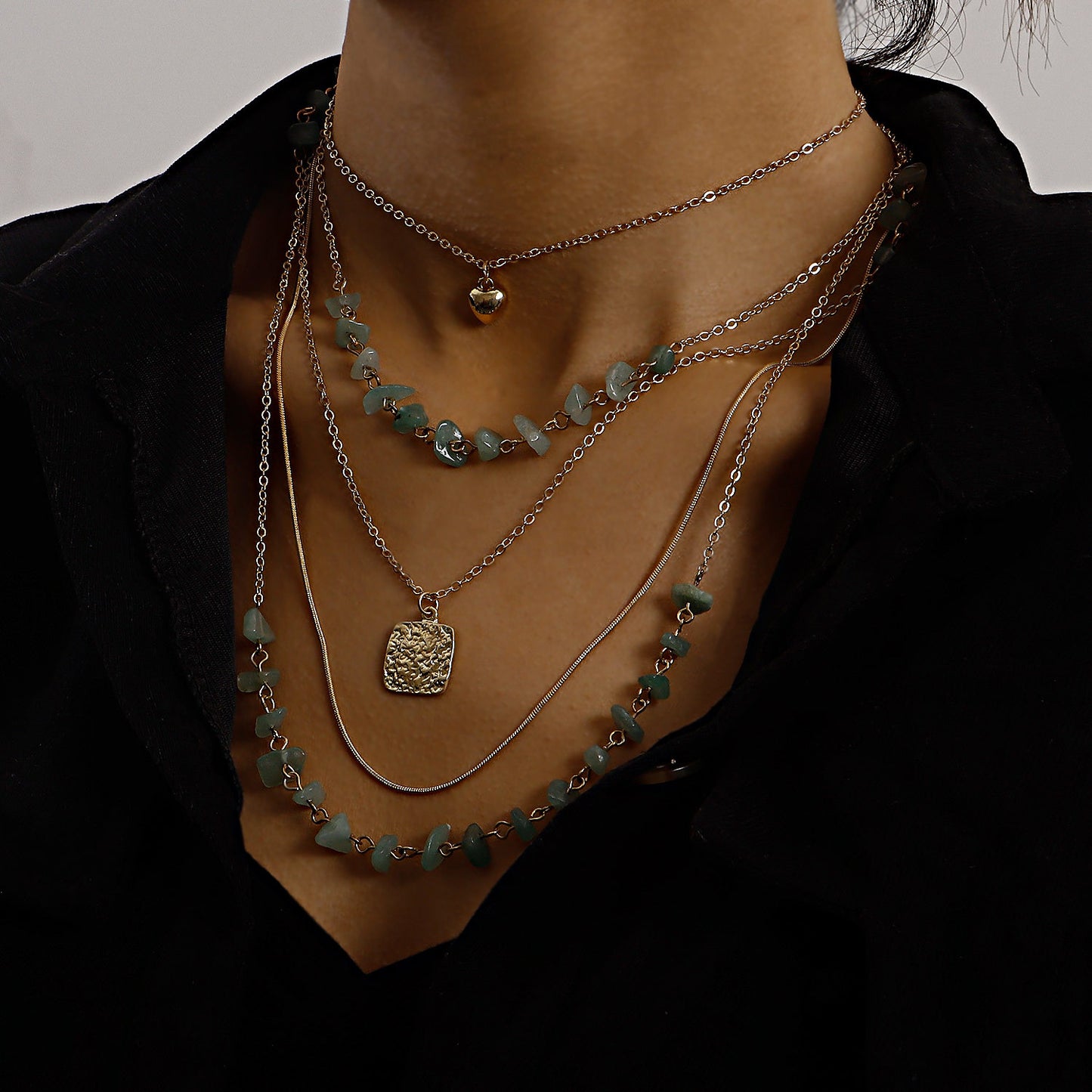 Vintage Multi-Layer Snake Chain Necklace with Mini Heart Pendant, Turquoise Square Inlay, Alloy Construction, Electroplated Finish for Women