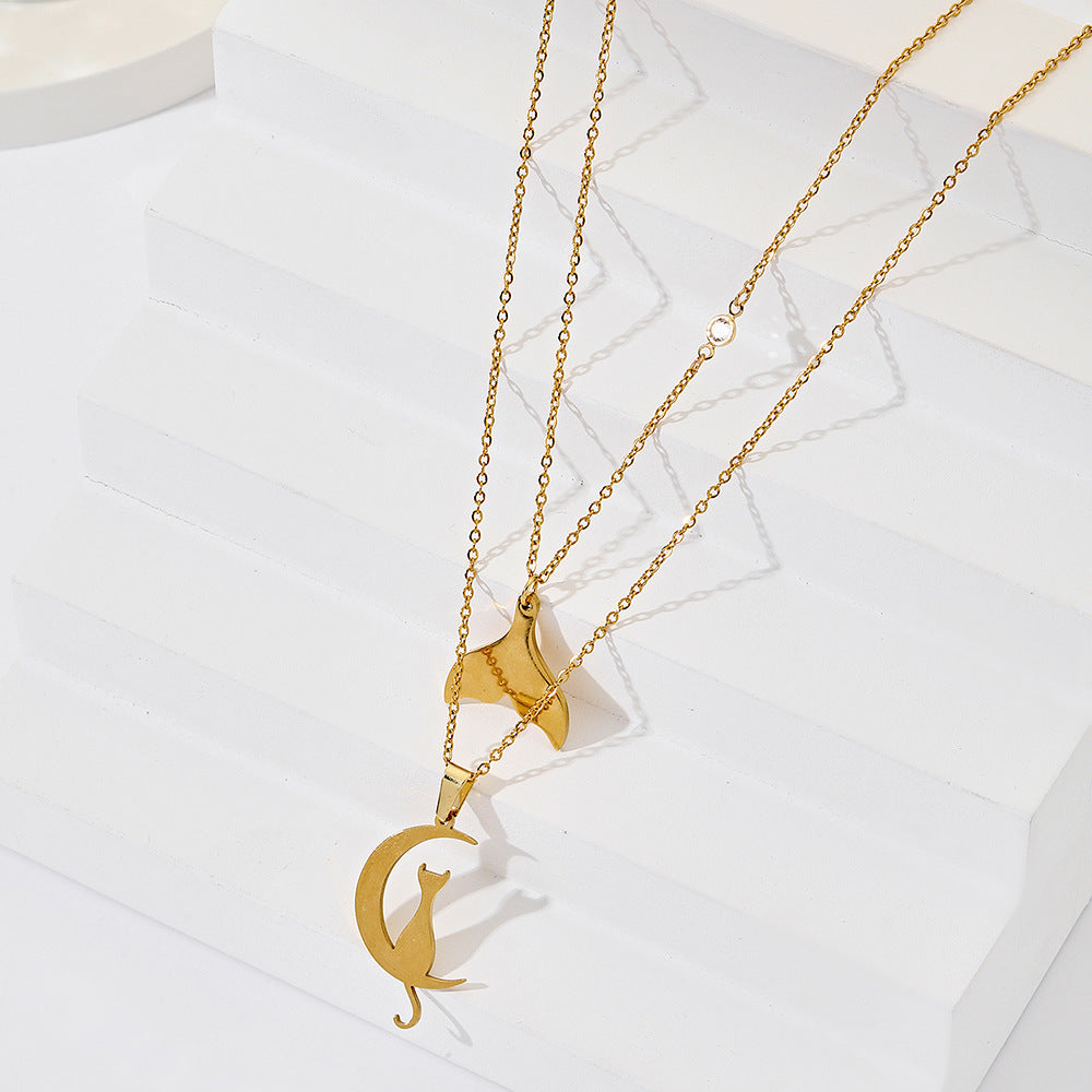 Collana con ciondolo a sirena gatto lunare geometrico in acciaio al titanio placcato oro su catena a O