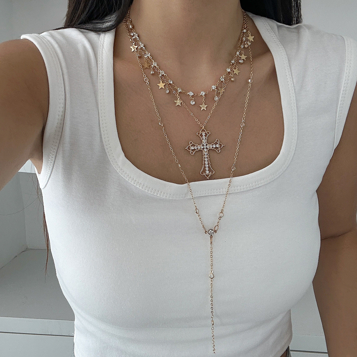 Collana Lunga a Strati da Donna con Ciondolo a Stella e Croce Minimalista Vintage, Nappe, Lega Galvanizzata, Catena Serpentina