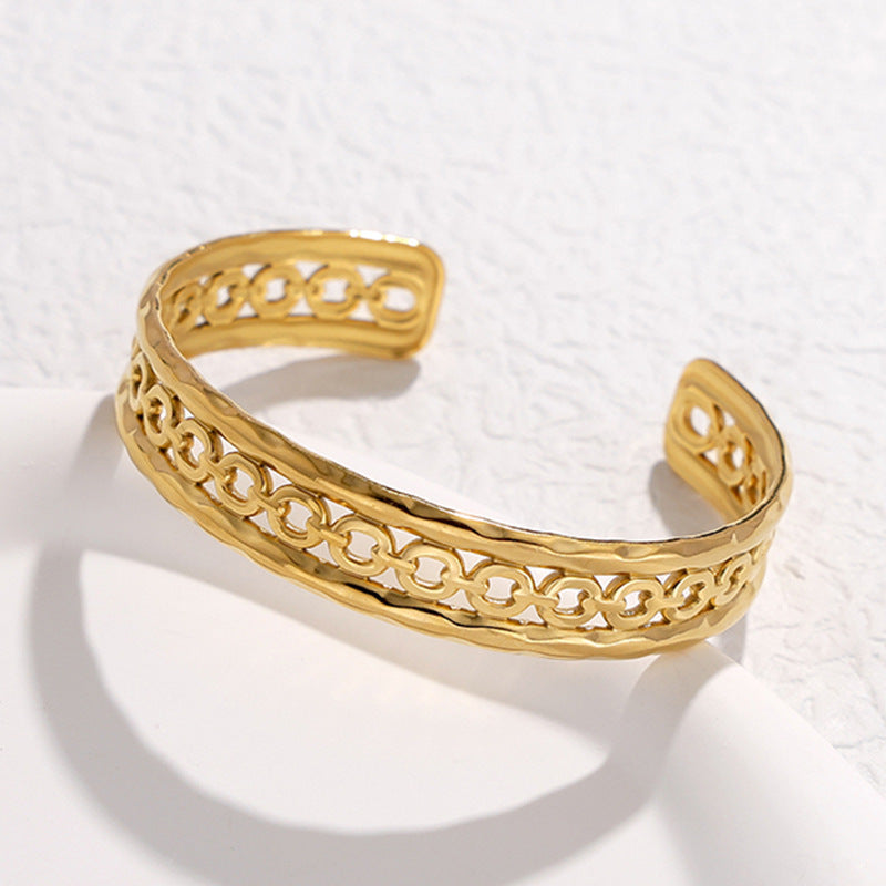 Adjustable Titanium Steel Bracelet for Women with Geometric Line Design Electroplated Finish Statement Cuff