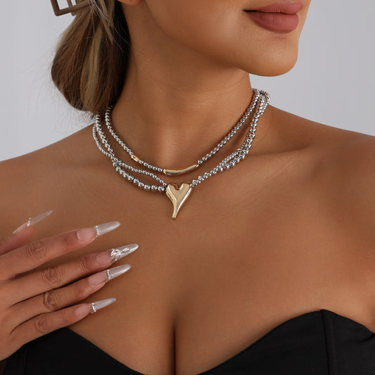 Luxury Sweet Heart Geometric Alloy Plated Beaded Layered Necklace for Women