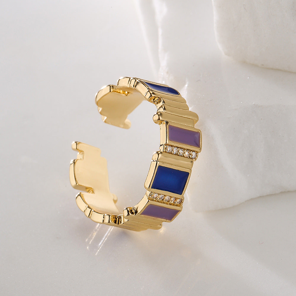Geometric Open Ring for Women with Copper Base Plated in Real Gold Featuring Zircon Inlay and Enamel Finish