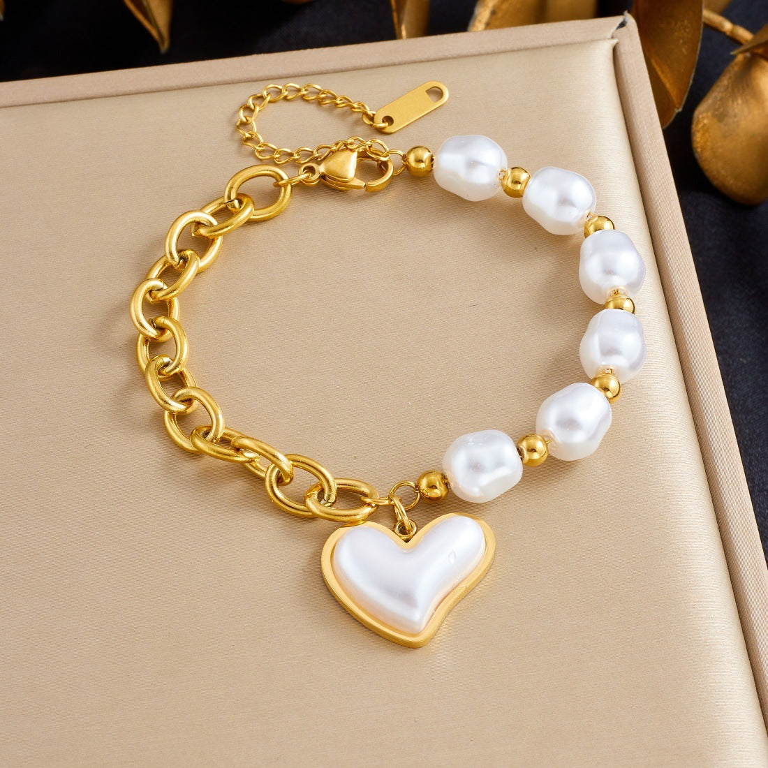 Vintage Gold Plated Irregular Faux Pearl Heart Stainless Steel Bracelet