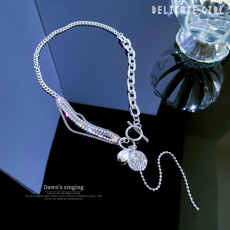 Cartoon-Style T-Shaped Clasp Necklace with Rhinestone Inlay and Pearl Pendant in Titanium Steel for Women