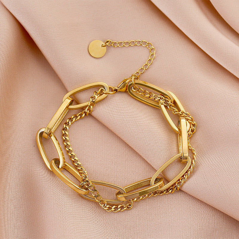 Retro Chic Two-Tone Thick Stainless Steel Bracelet for Women with Gold Plating and Edgy Sweet Style