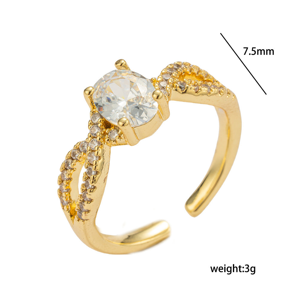 Anello da donna di lusso minimalista a forma di fiocco, in rame placcato oro 18 carati con strass pavé