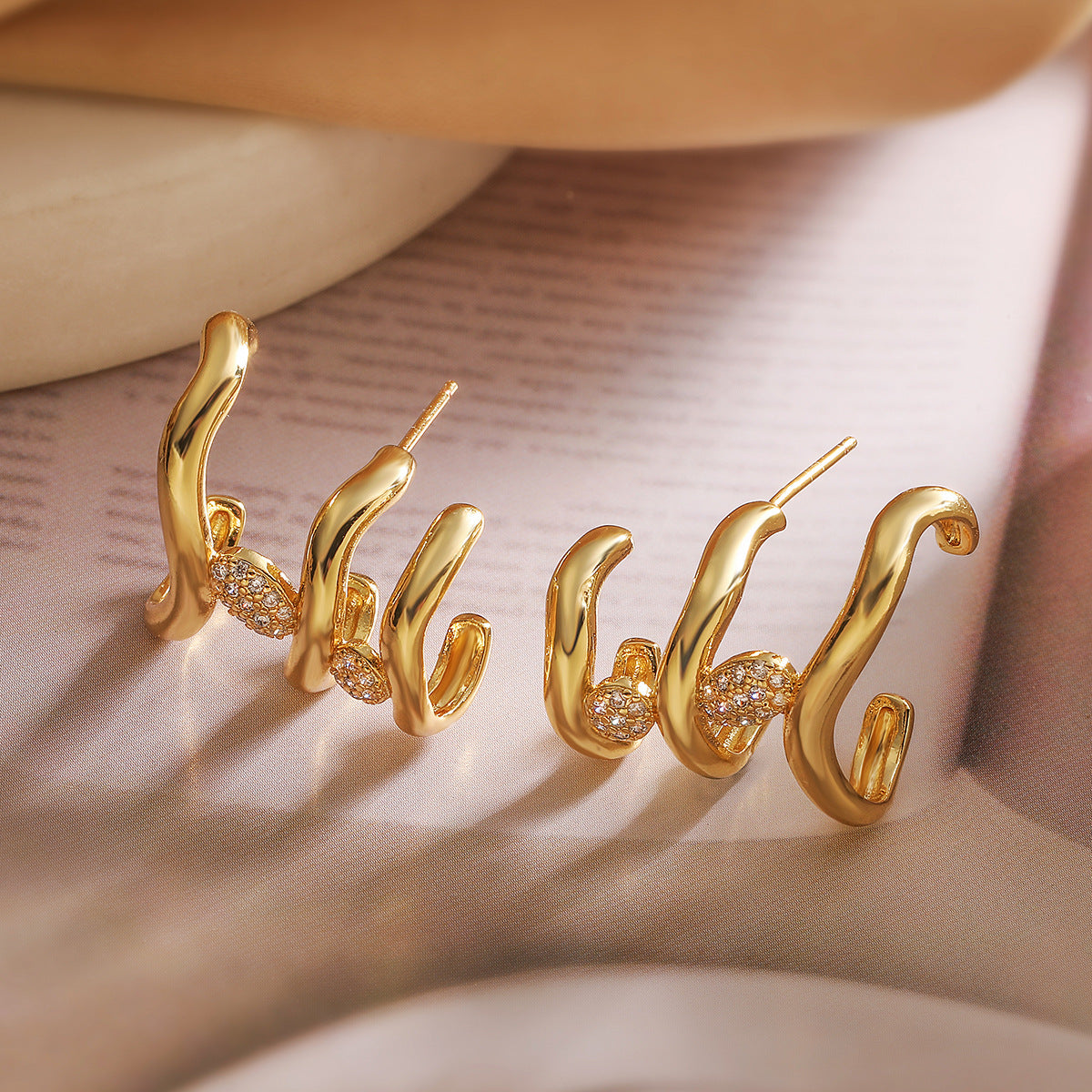 Geometric Shape Copper Earrings with Real Gold Plating and Zircon Inlay for Women