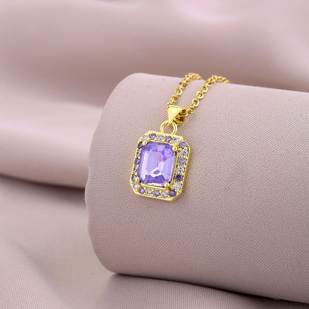 Collar de moda con colgante cuadrado geométrico de cobre chapado en oro de 18 quilates con circonitas micropavé y cadena de titanio en forma de O para mujer