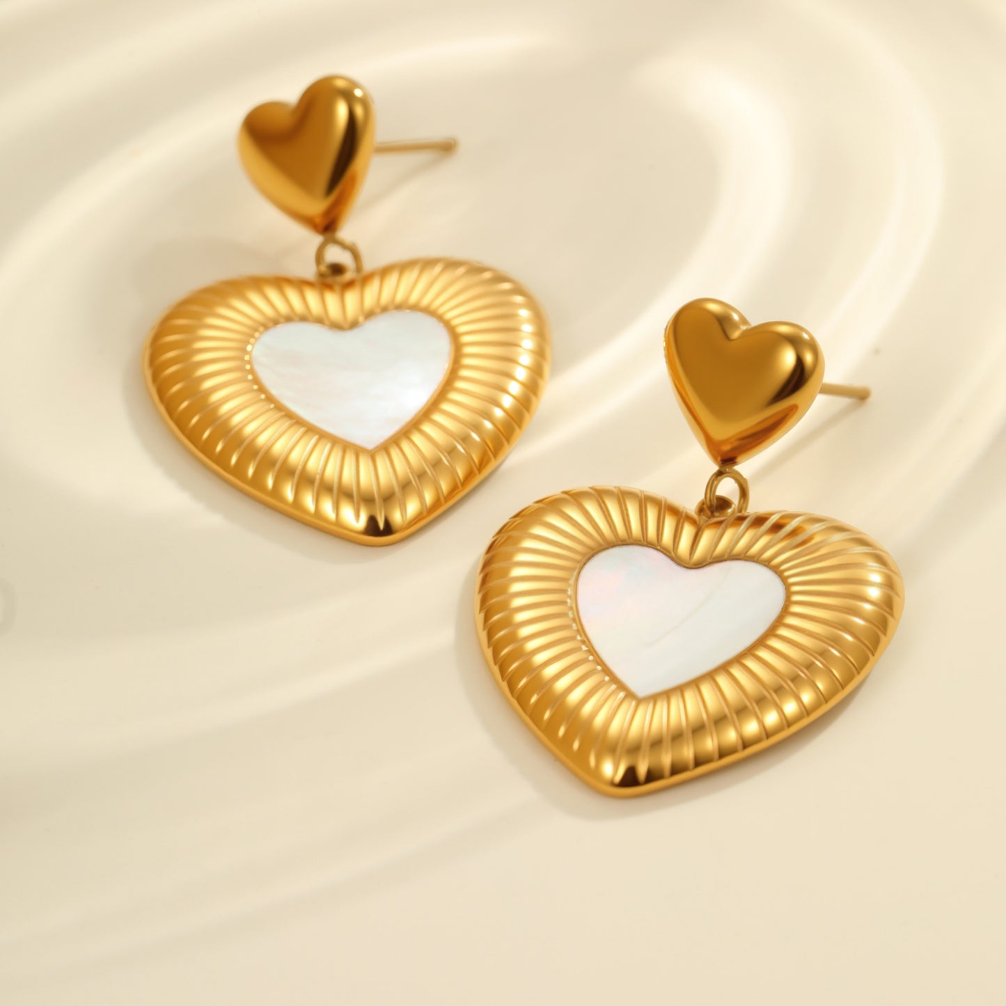 Minimalist Heart-Shaped Stainless Steel Earrings with White Mother-of-Pearl Inlay, Plated Finish, Elegant Women's Luxury Ear Jewelry