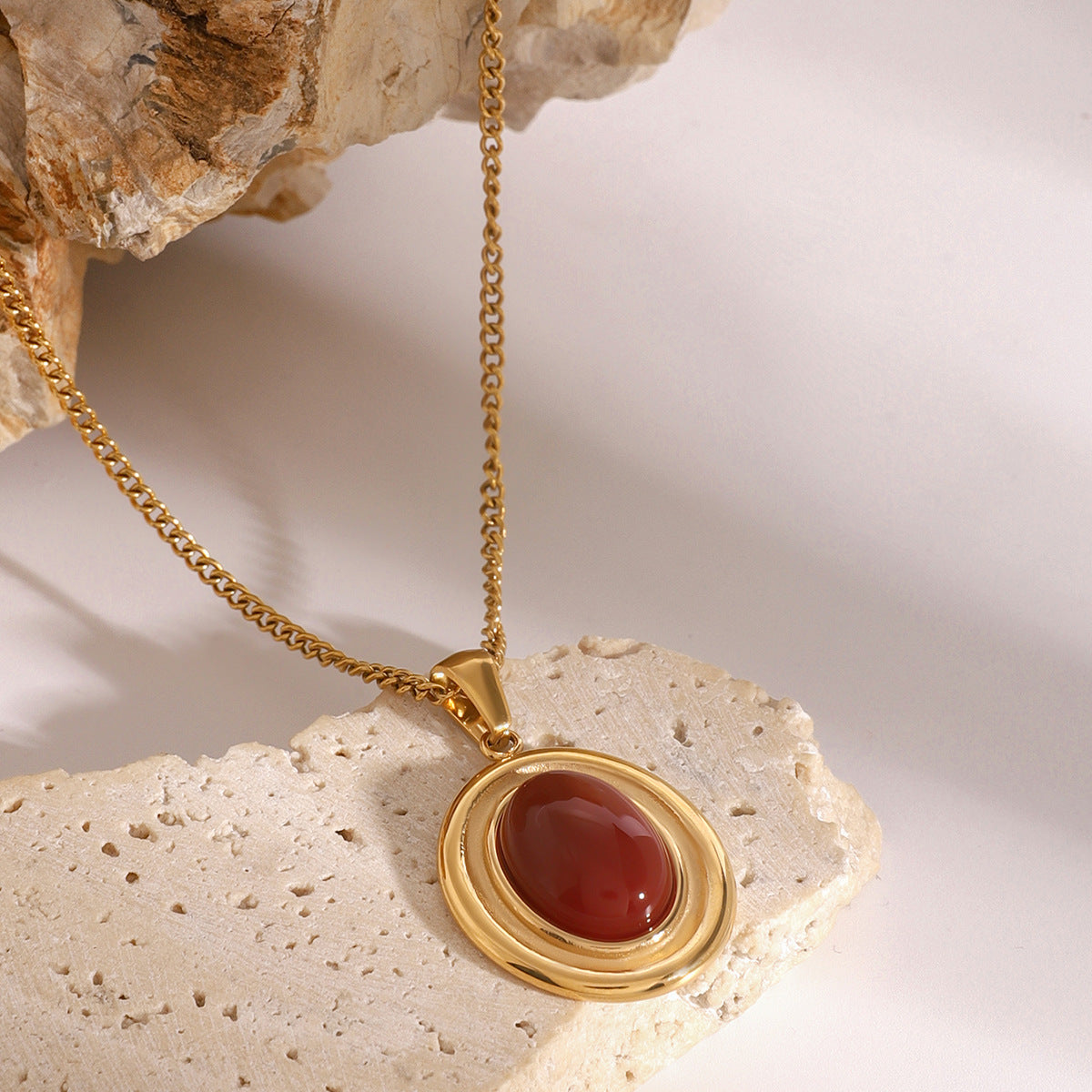 Collana Pendente Geometrica in Acciaio Inossidabile con Intarsio in Agata Rossa da Donna, Gioielli Minimalisti di Moda Elettroplaccati
