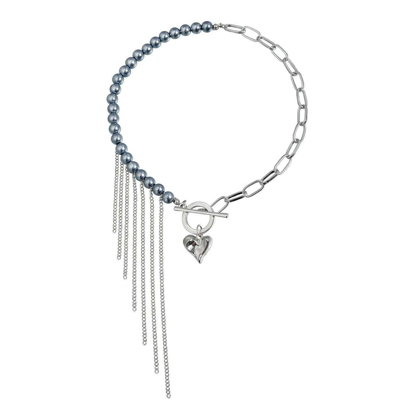 Irregular Heart Geometric Alloy Plated Pendant Necklace with Tassel and Gray Ball Chain