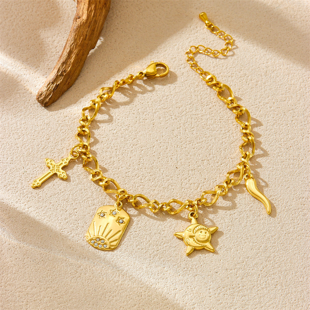 Fashionable Vintage Starfish Pendant Stainless Steel Bracelet for Women with Cross Motif and Plated Finish