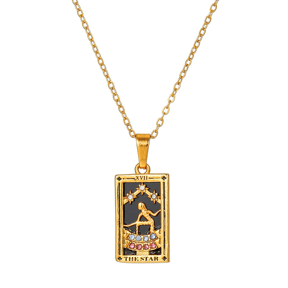 Vintage Casual Rectangle Drip Oil Cubic Zirconia Stainless Steel Necklace with Geometric Tarot Pendant Cable Chain Unisex