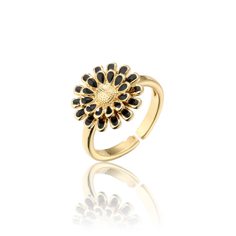 Fashion Geometric Floral Drip Oil Gold Plated Brass Sunflower Open Ring for Women