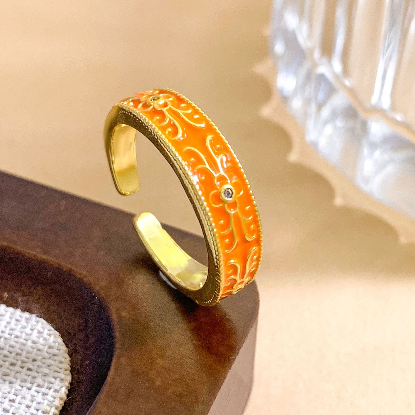Vintage Sweet Gold Plated Brass Ring with Ethnic Patterns for Women