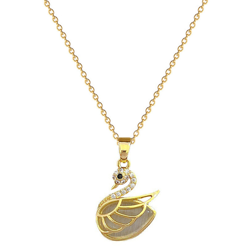 Elegant Swan Pendant Necklace with Cat's Eye Stone on Titanium Steel Chain for Women, Geometric Design, Moon Motif, Minimalist and Fresh Style